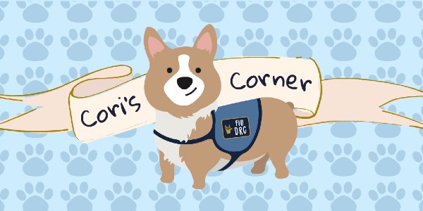 Artists rendition of Cori, FIU's corgi mascot for the Disability Resource Center.