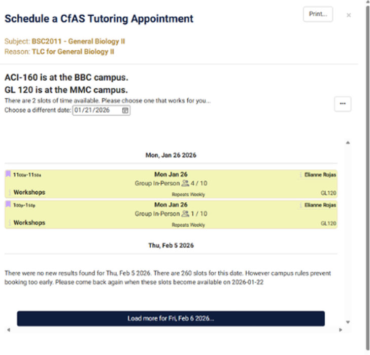 Options of availability for the chosen workshop. 