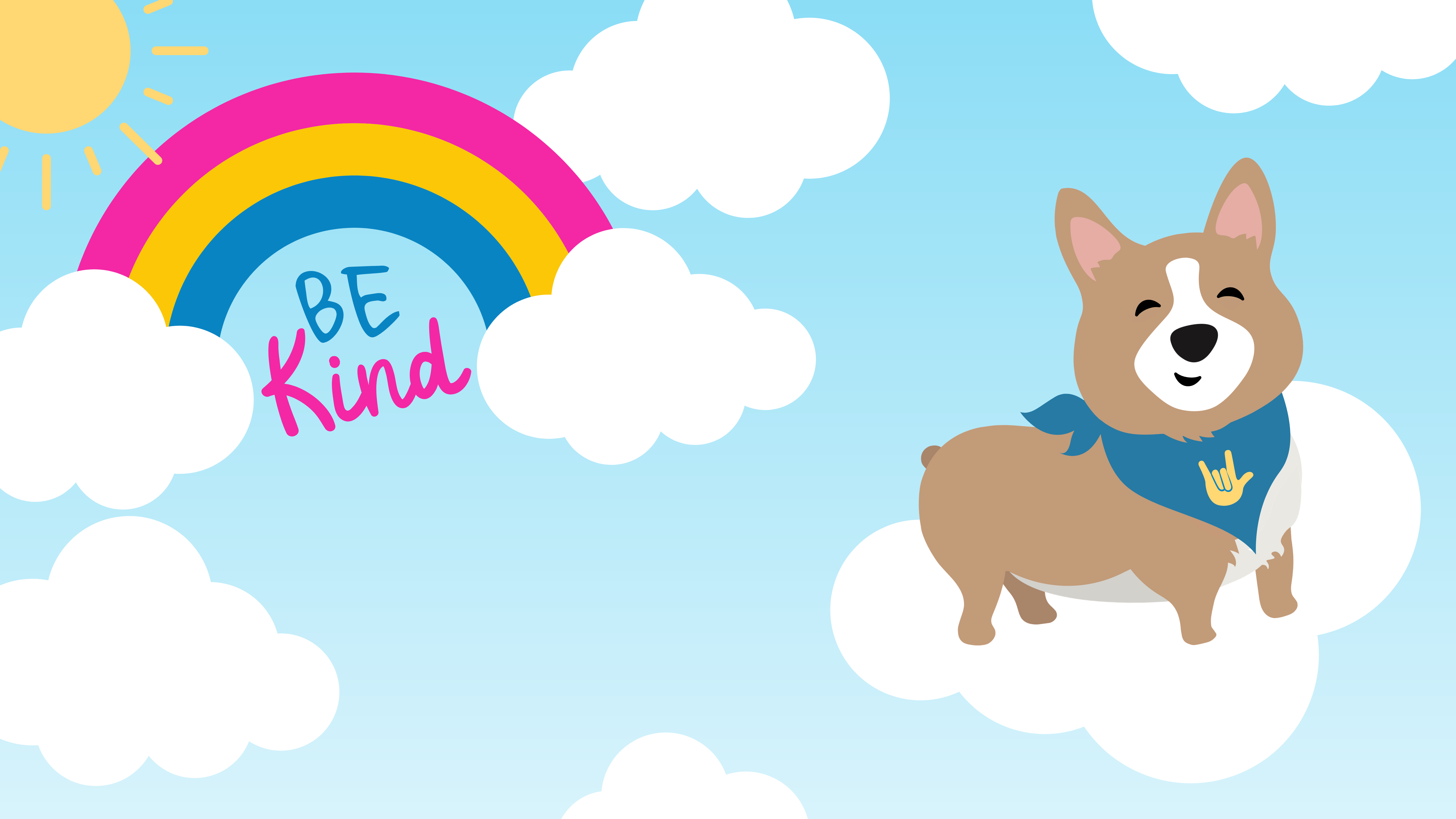 Cori flies through the sky on a cloud with a rainbow following behind. Text under the rainbow says "Be Kind"