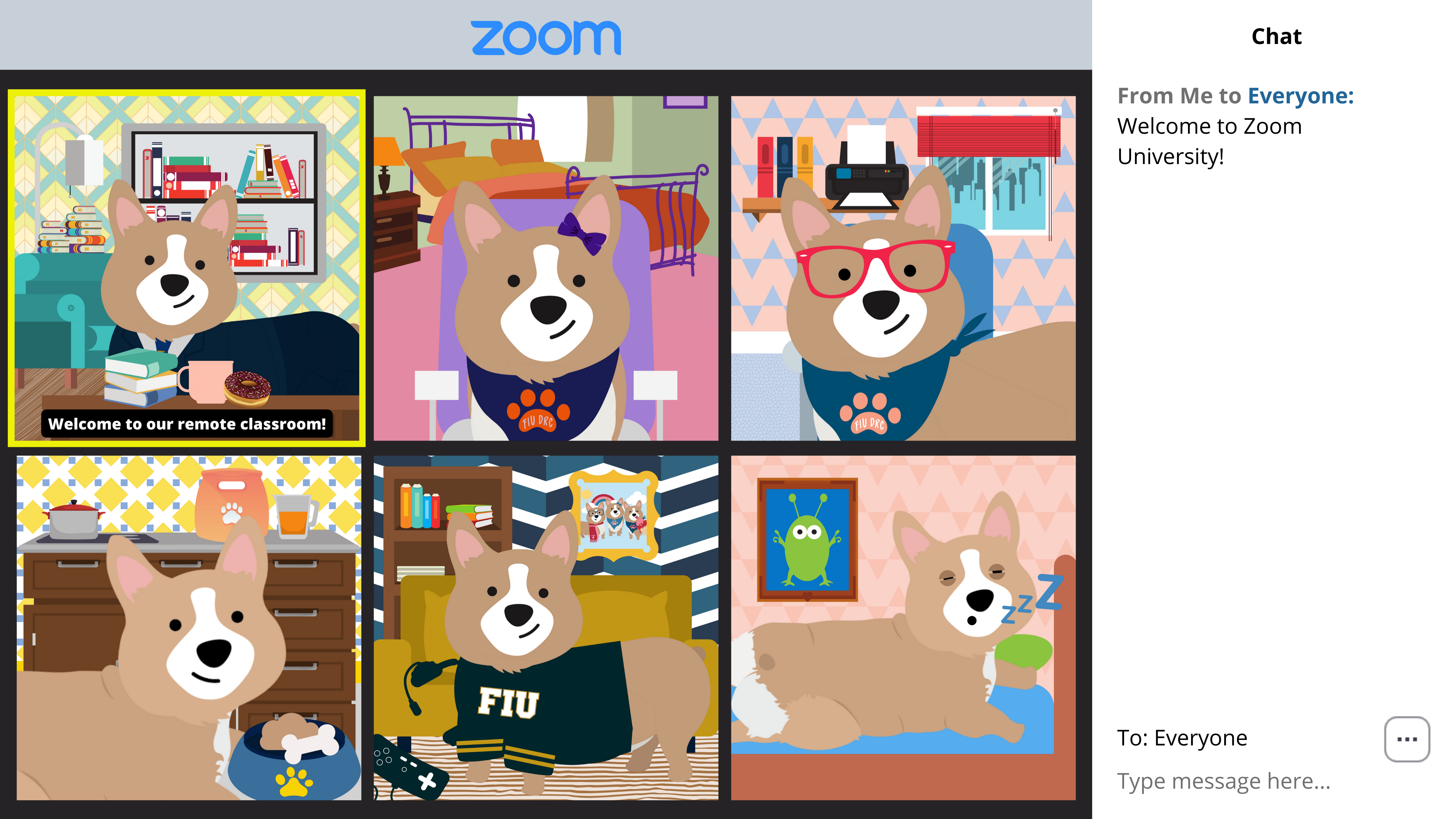A group of corgis gather over Zoom. One corgi says "Welcome to our remote classroom." While four corgi students are alert and listening, one is snoozing.