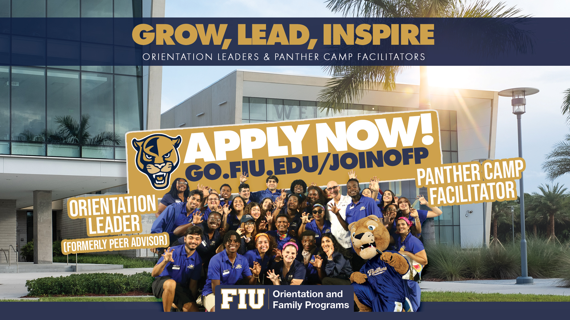 Orientation Leader Recruitment Banner; apply at go.fiu.edu/joinofp