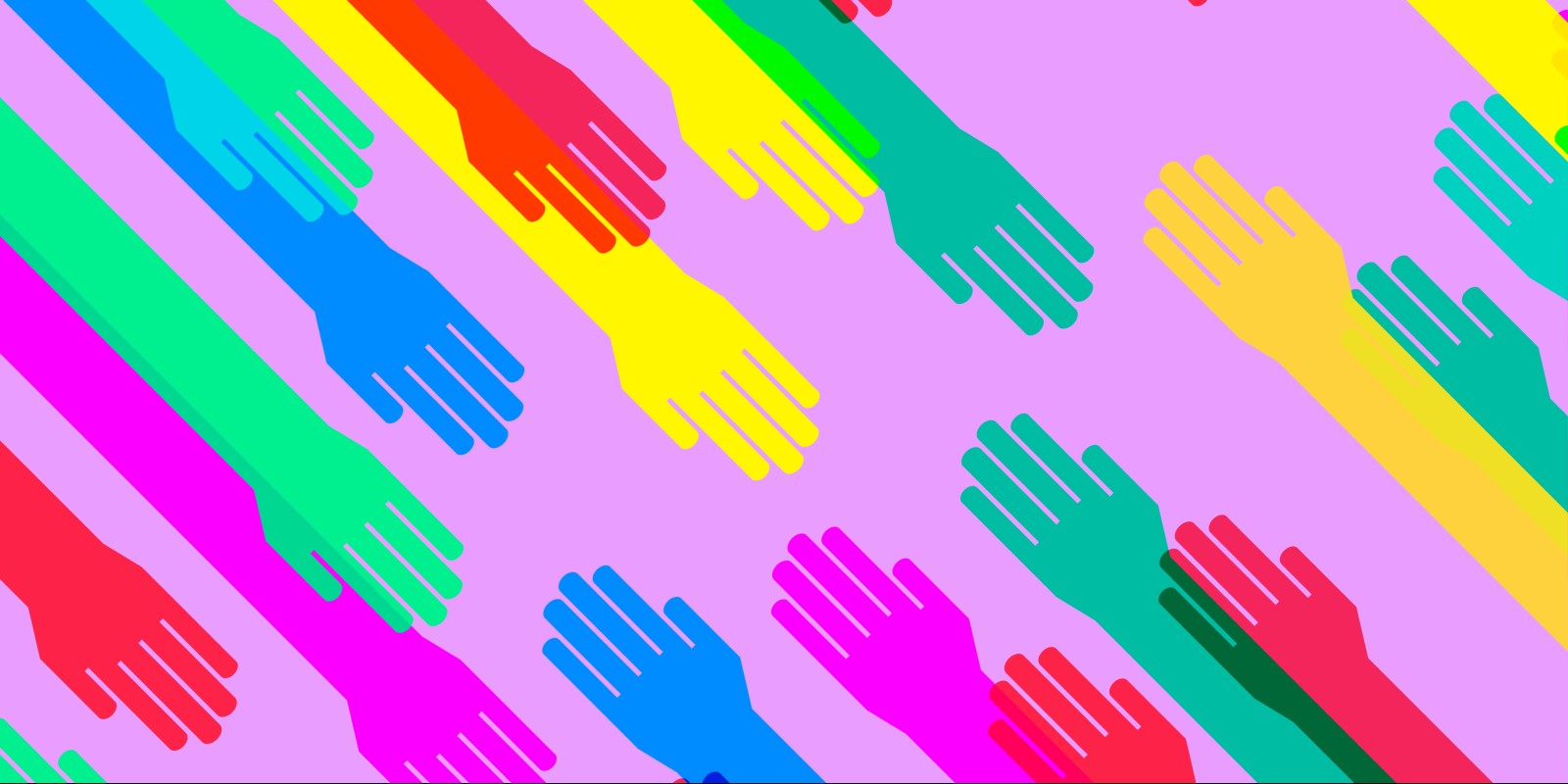 Graphic of a bunch multicolored hands reaching out. 