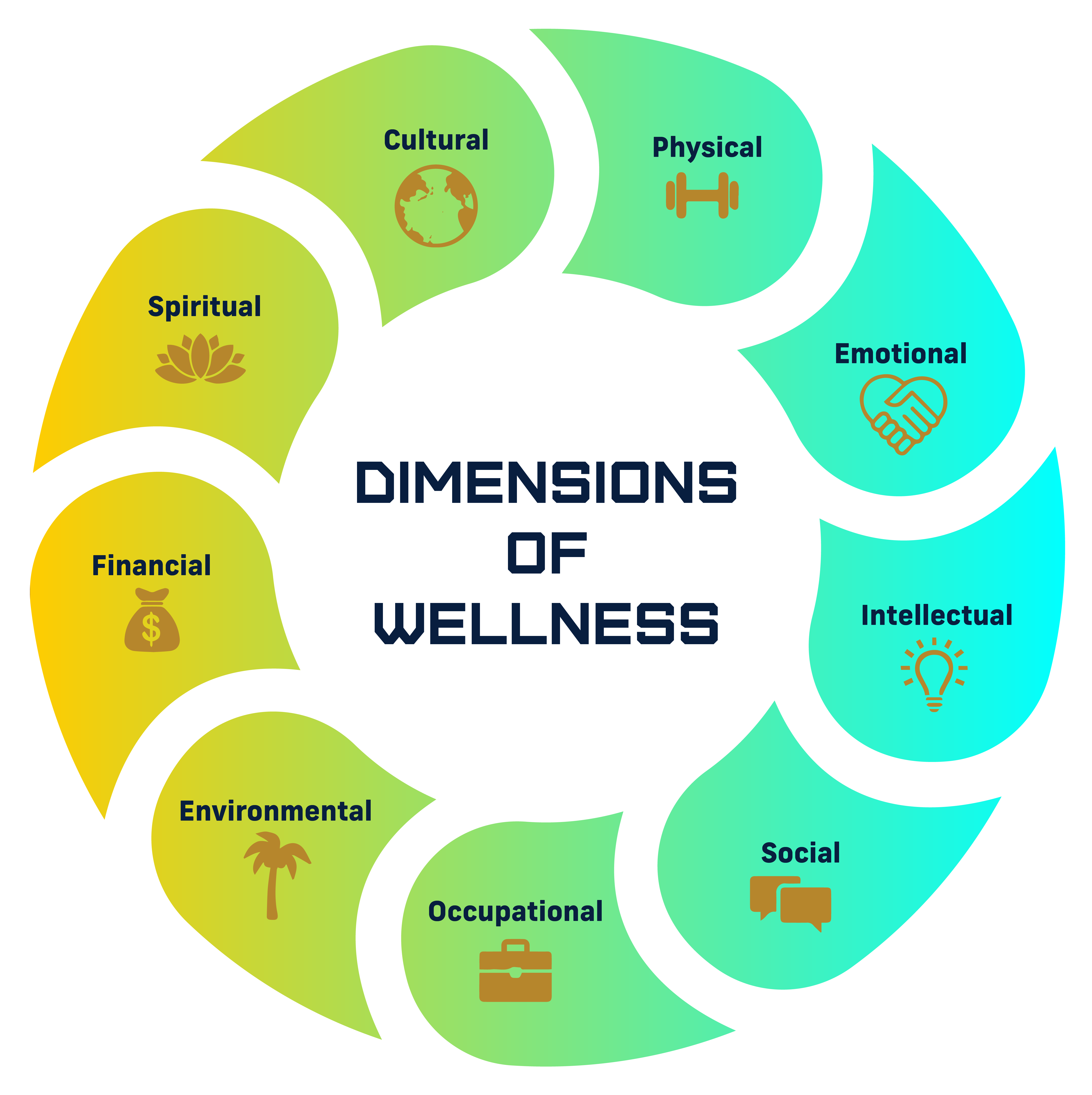 nine dimensions of wellness: physical, emotional, intellectual, social, occupational, environmental, financial, spiritual, and cultural